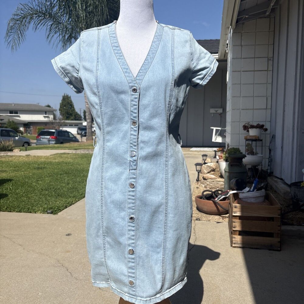 Guess Light Blue Denim Button-Front Midi Dress
